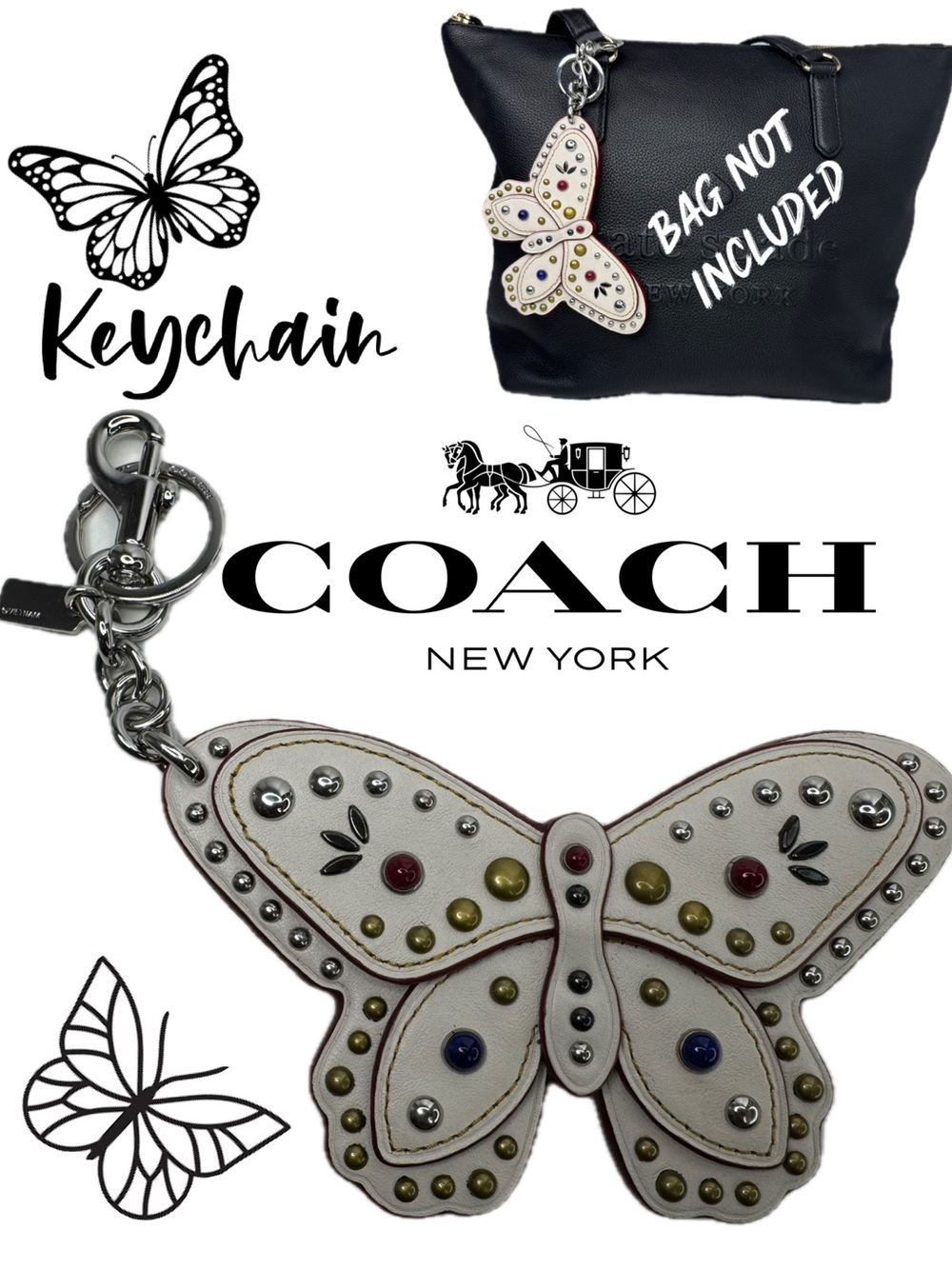 Coach Butterfly Large Leather Chalk White Colored Stone Metal Rivets Keychain